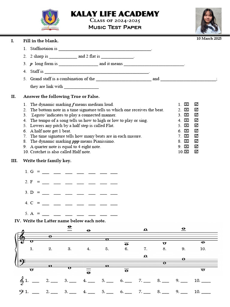 Kalay Life Academy: Music Test Paper | PDF