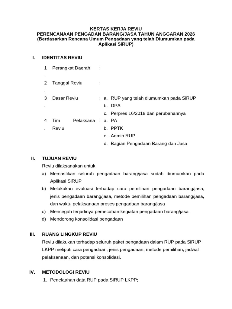 Kertas Kerja Reviu Perencanaan PBJ 2026 | PDF