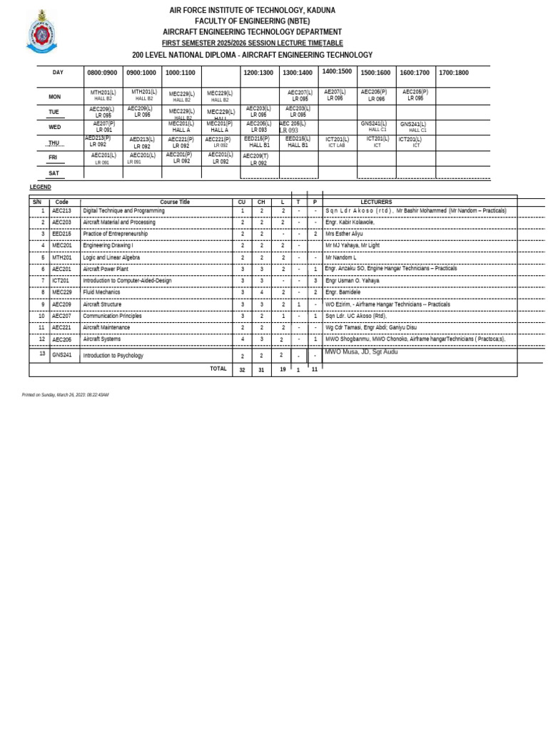 ND 2 AET First Semester 2023 Lecture Time Table | PDF
