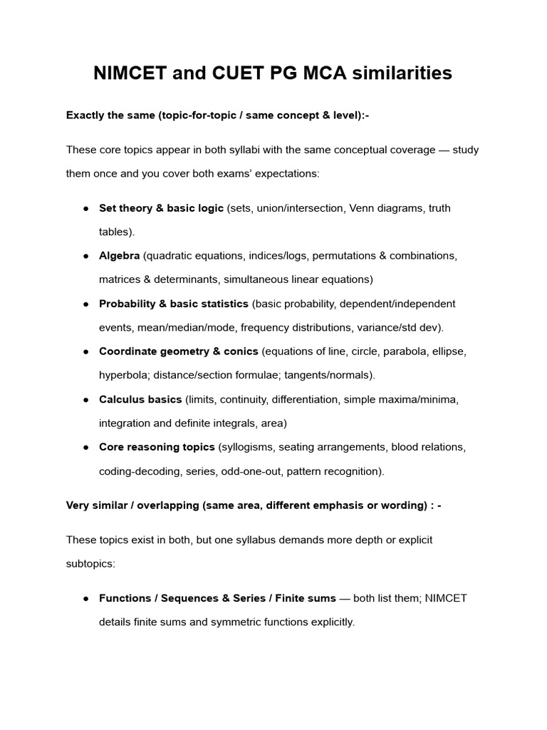 NIMCET and CUET PG MCA 2026 Similarities | PDF | Equations | Integral