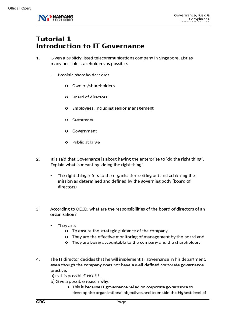 Tutorial 01 | PDF | Corporate Governance | Governance