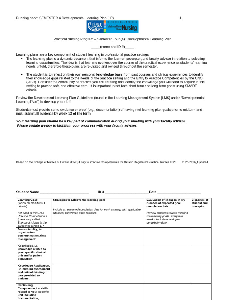 Developmental Learning Plan Template 2025-26 | PDF | Learning | Nursing
