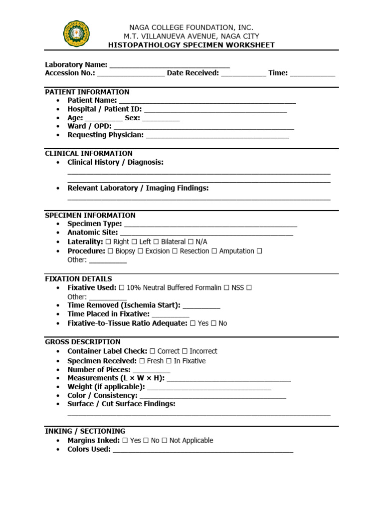 Histopath Specimen Worksheet | PDF | Histopathology | Pathology