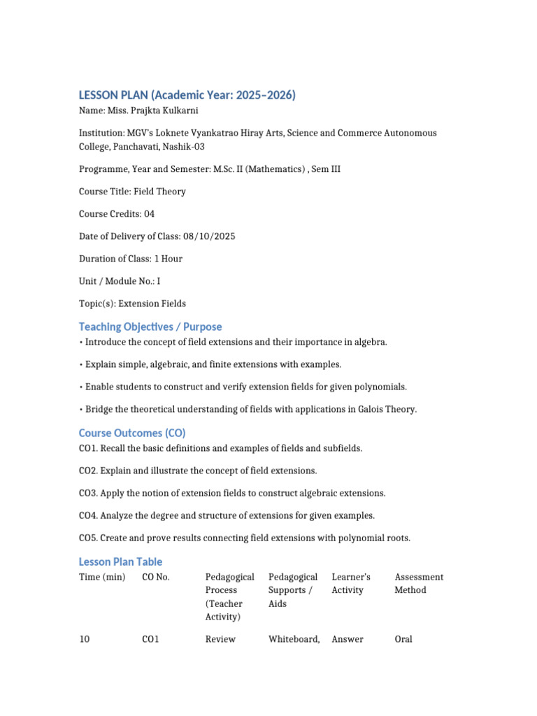 Lesson Plan Field Theory Extension Fields | PDF | Field (Mathematics ...