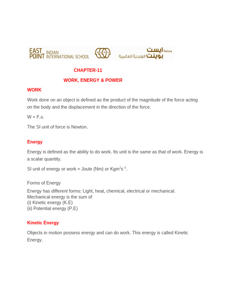 Xa9ut9 Drdoc 1769515906 Work, Energy Power Grade 9 Notes | PDF