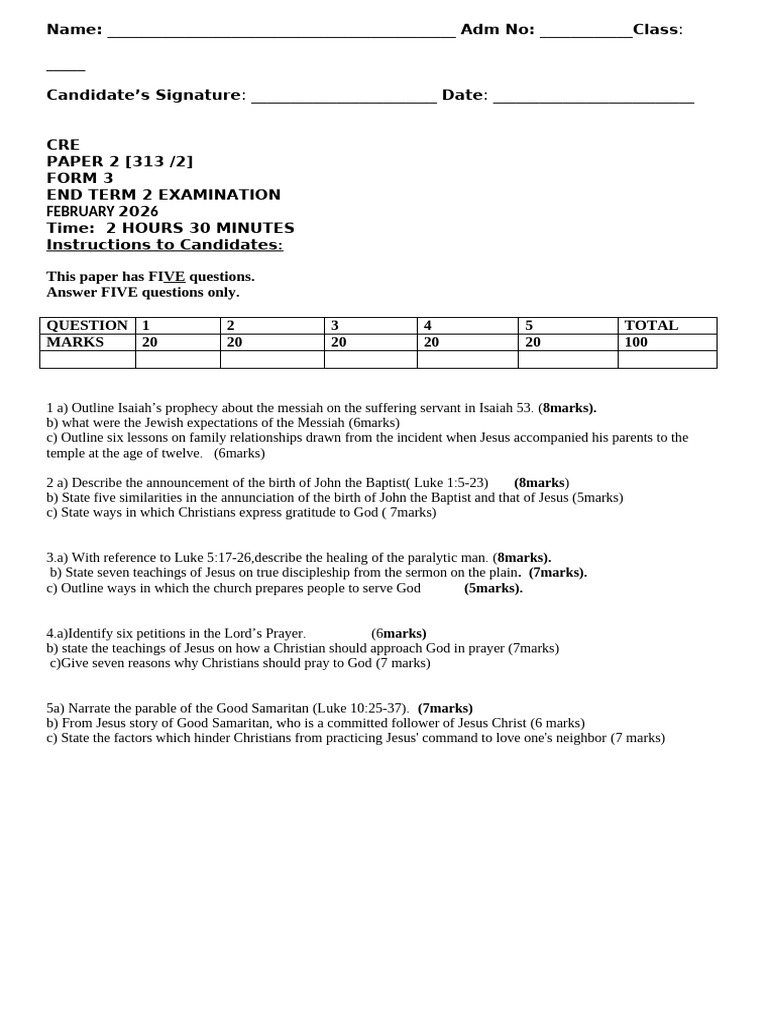 Form 3 CRE Midterm Exam | PDF