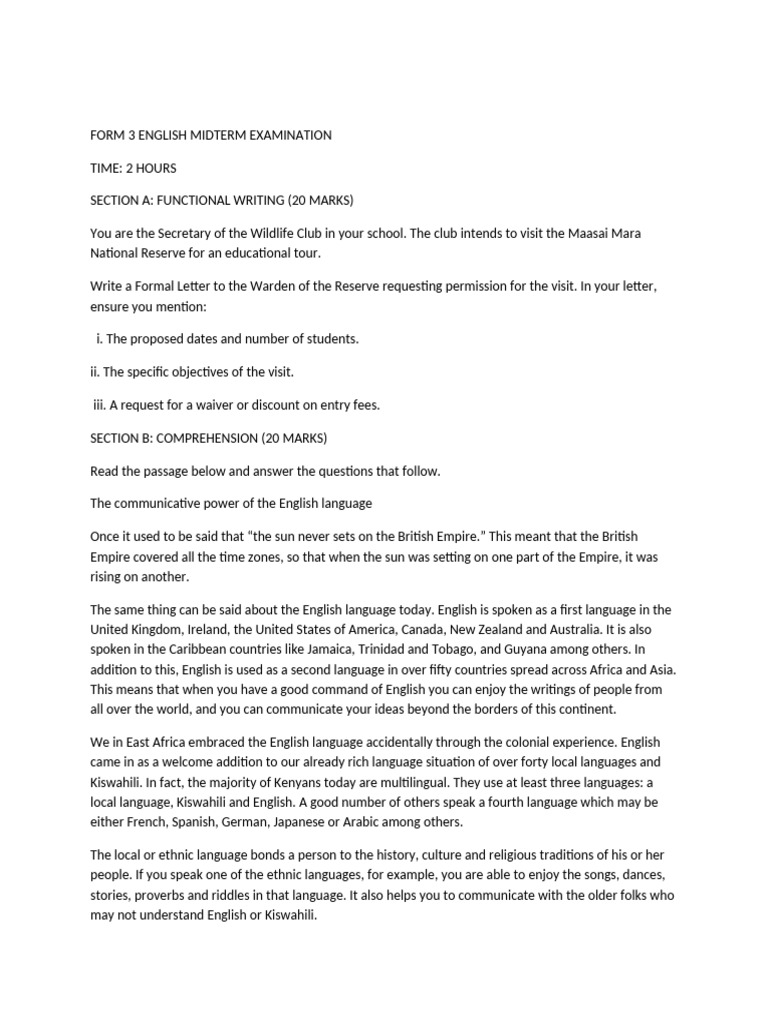 Form 3 English Exam | PDF | English Language | Human Communication