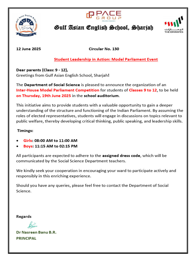 Model Parliament Event Circular 130 | PDF