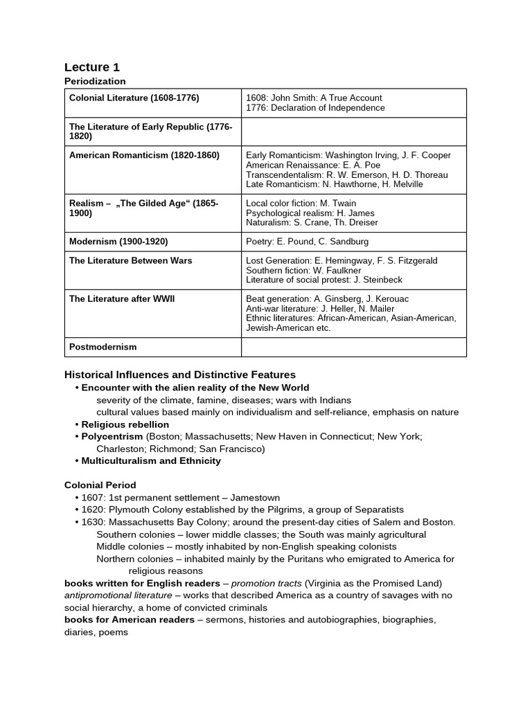 American Literature Notes | PDF | Edgar Allan Poe | Age Of Enlightenment