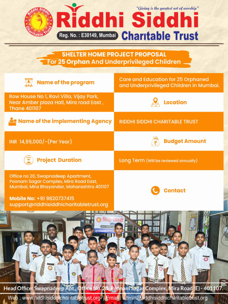 Riddhi Siddhi Charitable Trust Shelter Home Project Proposal | PDF
