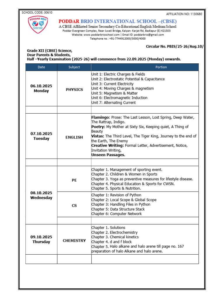 GRADE XII CBSE Science Half Yearly Syllabus 2025-26 | PDF ...
