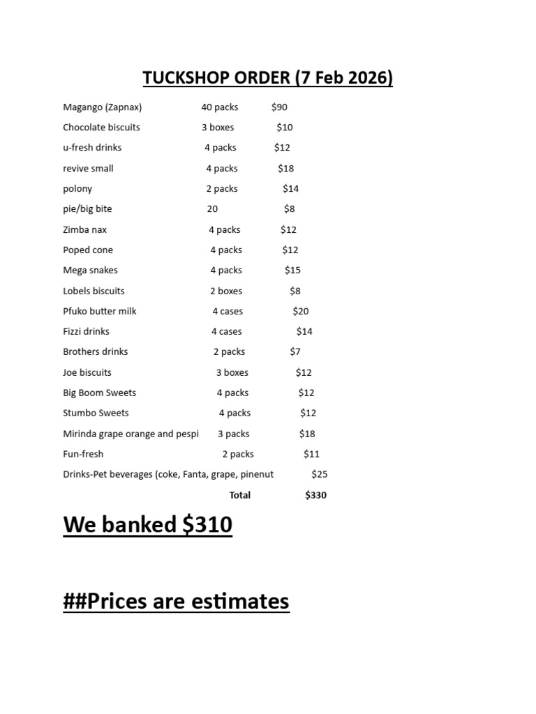 Tuckshop Order New - 090526 | PDF