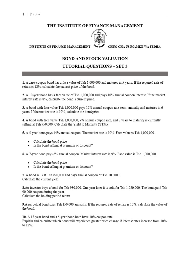 Bond Valuation Tutorial Questions-Investment 3 | PDF | Bonds (Finance ...