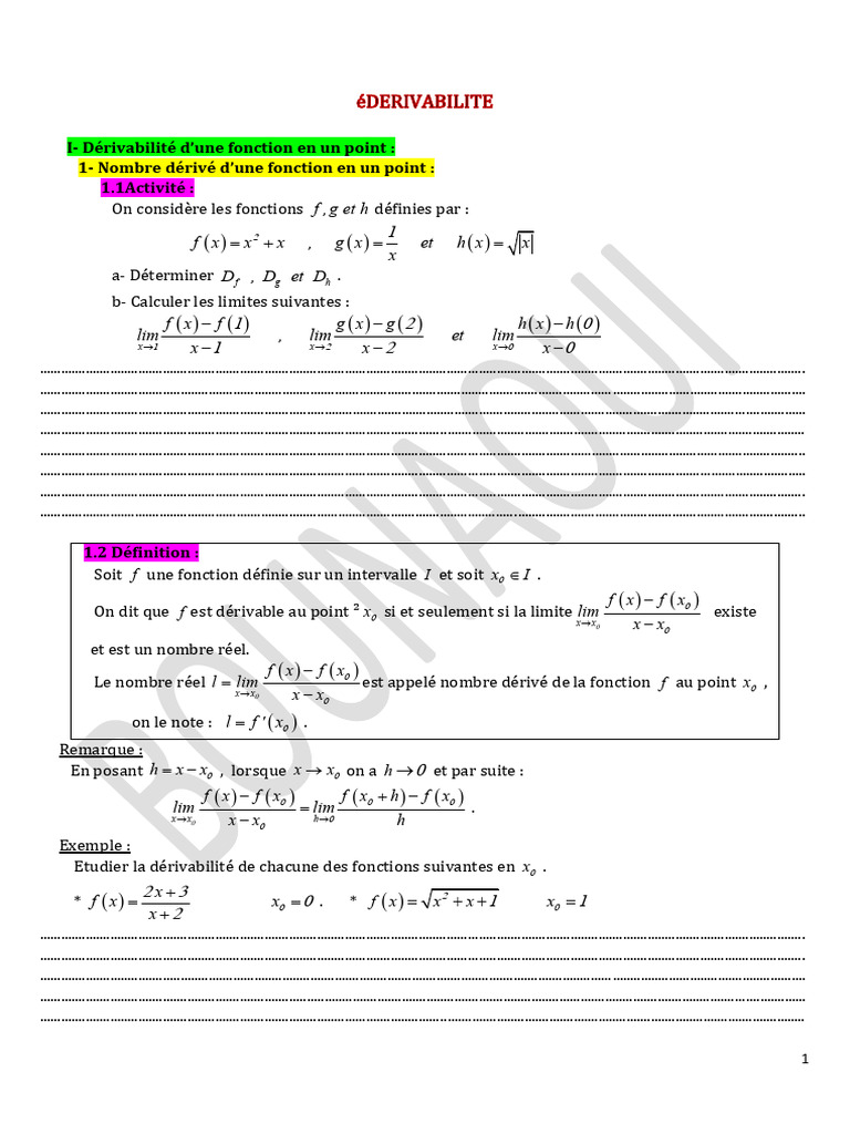 Fiche de Cours DERIVABILITE Bis | PDF | Tangente (géométrie) | Fonction ...