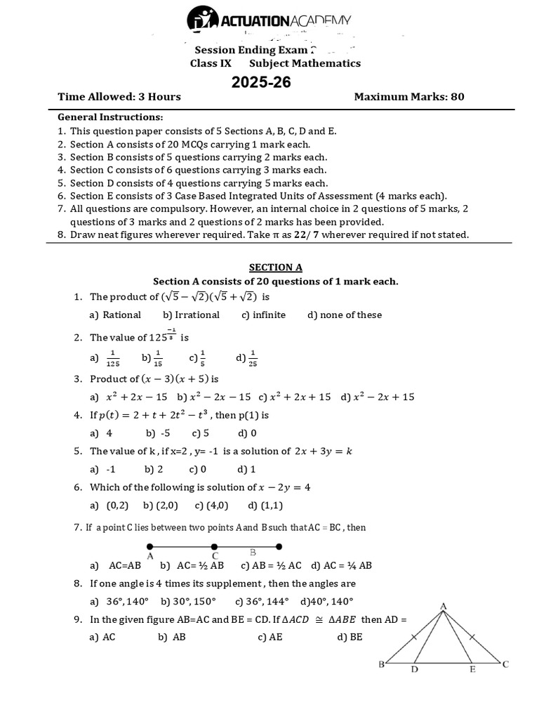 IX Maths QPprefinal Math 9th 25-26 | PDF | Area | Sphere