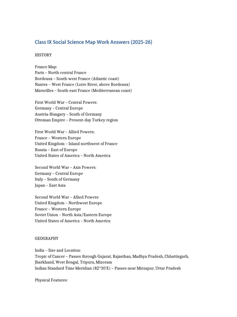 Class IX Social Science Map Work Answers 2025-26 | PDF