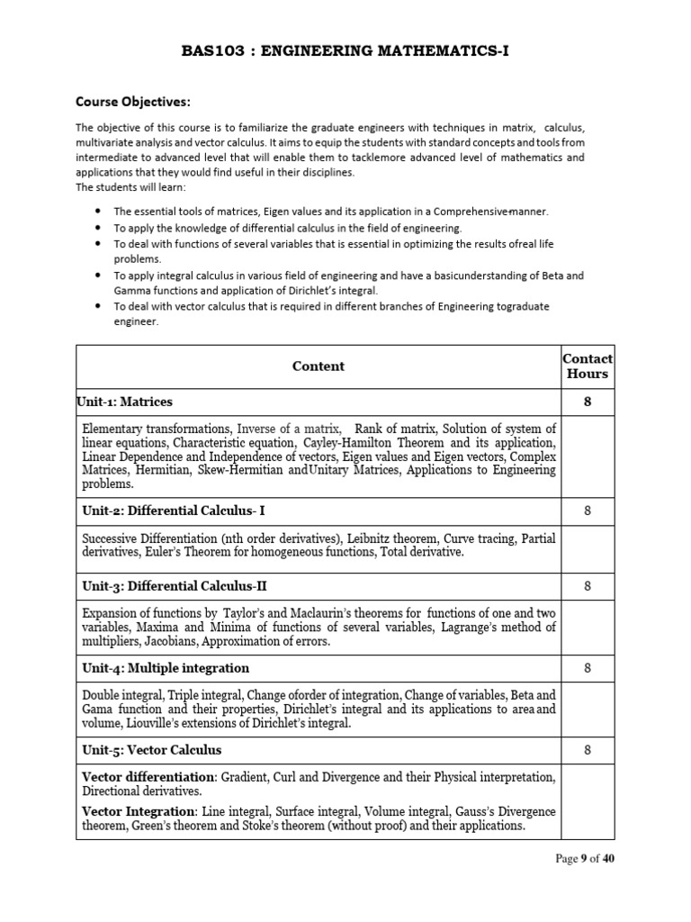 BTech 1styear Syllabus 2022-23-9 | PDF | Integral | Matrix (Mathematics)