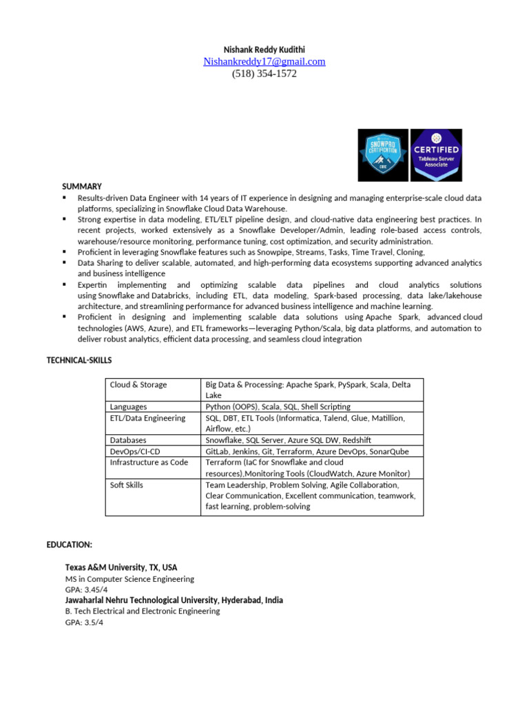 Nishank - Lead Data Engineer 12+ | PDF | Apache Spark | Data Warehouse
