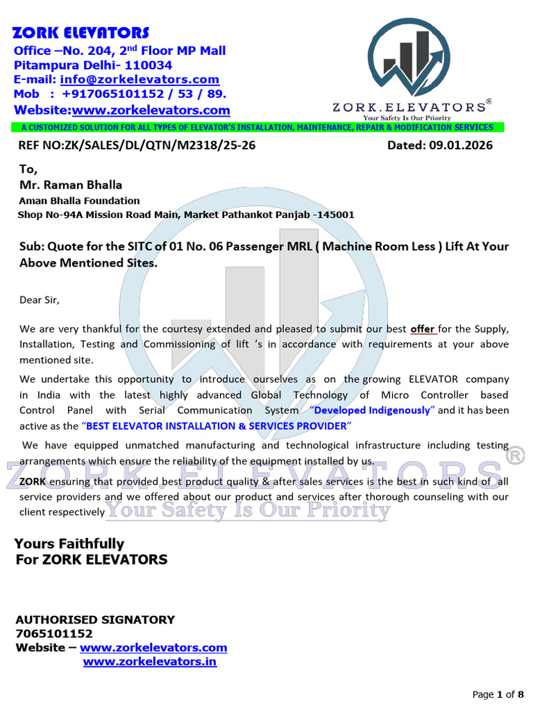 Quotation for 06 Passenger MRL Lift G+4 ( Machine Room Less ) | PDF ...