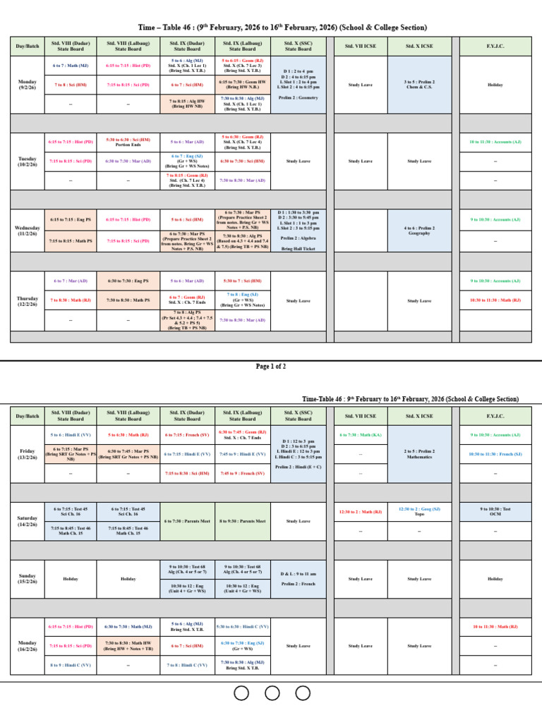 Timetable 46 (9th February to 16th February, 2026) | PDF | Mathematics