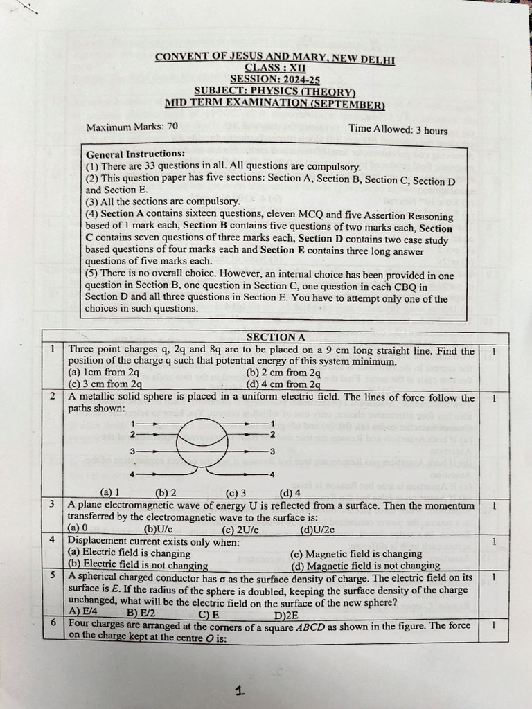 Physics Midterm Paper 2024-25 | PDF | Inductance | Transformer