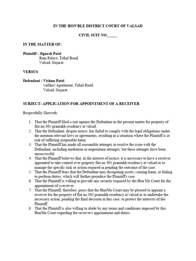 Application For Appointment of A Receiver | PDF