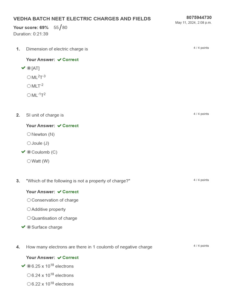 Vedha Batch Neet Electric Charges and Fields | PDF | Electric Field ...