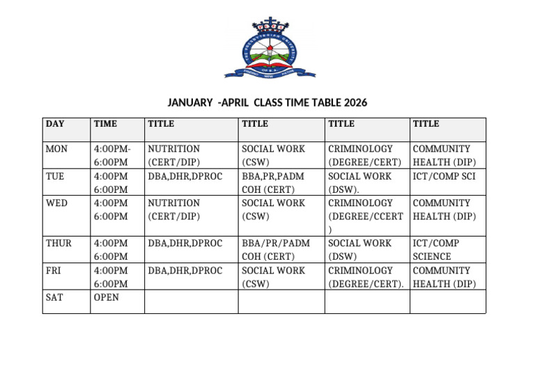 January-April Timetable 2026 | PDF