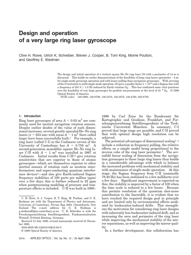 Design and Operation of a Very Large Ring Laser Gyroscope | PDF ...