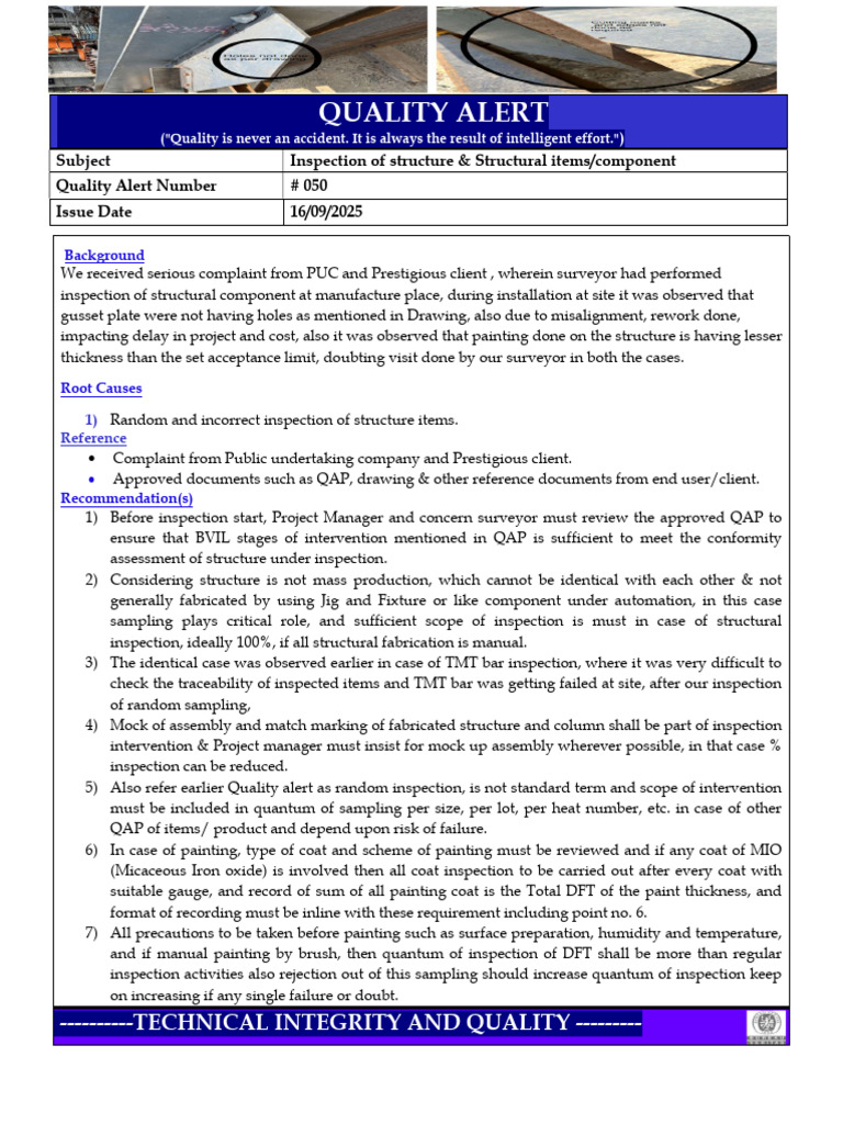 Quality Alert # 050 _Inspection of Strcuture Items | PDF