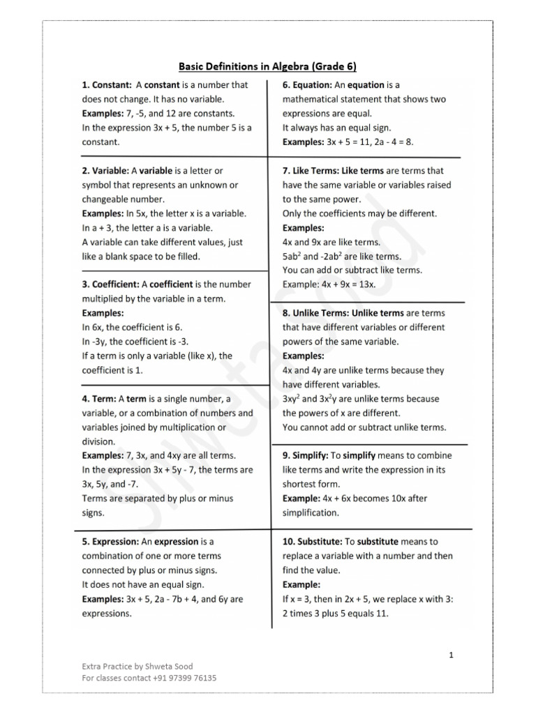 Basic Definations in Algebra | PDF | Variable (Mathematics) | Numbers