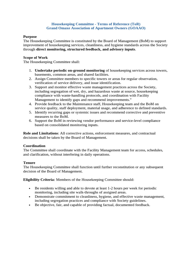 ToR Housekeeping Committee | PDF