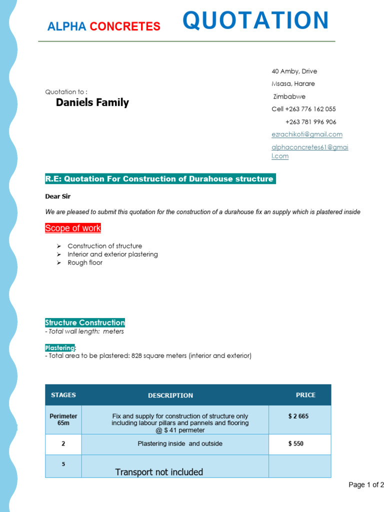 Daniel Revised Plan Quote For Structure and Plastering | PDF | Building ...