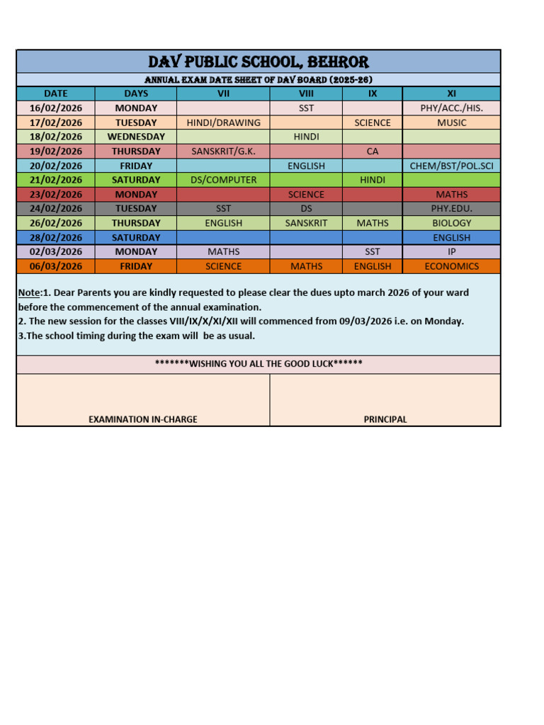 Date Sheet of Annual Exam 2025-26 | PDF