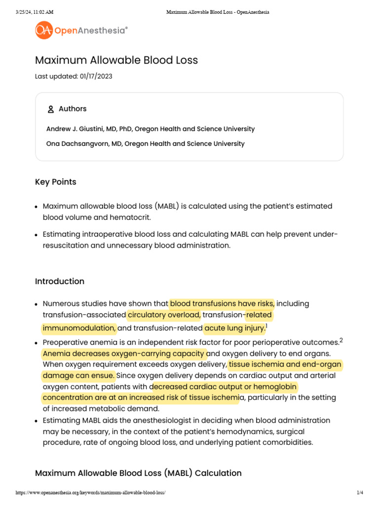 Maximum Allowable Blood Loss - OpenAnesthesia | PDF | Blood | Body Fluids