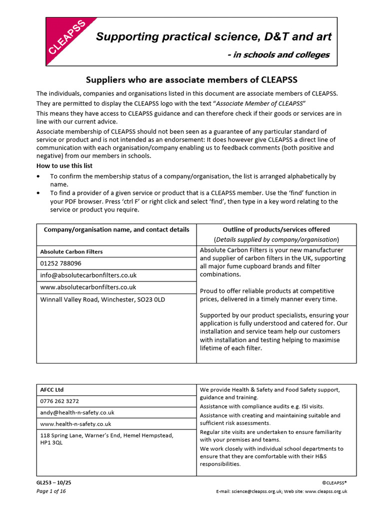 GL253 Suppliers Who Are Associate Members of CLEAPSS | PDF | Stoke On ...