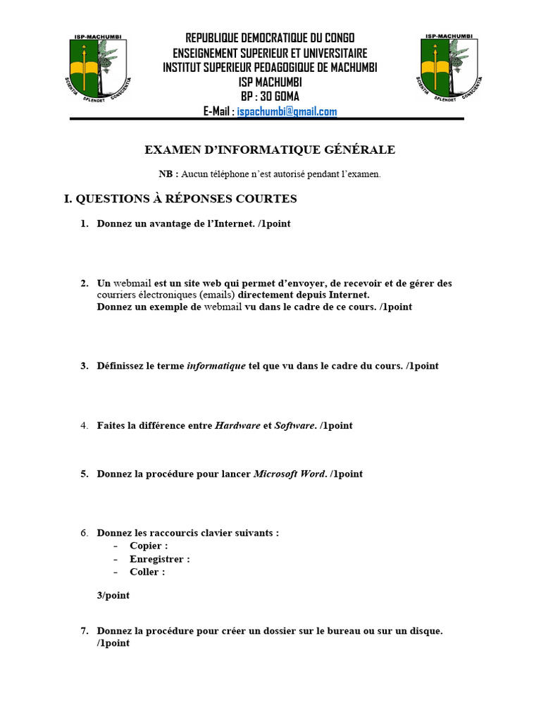 Examen D'informatique General Bac1 | PDF | Microsoft Excel | Informatique