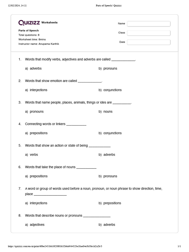 Quizizz - Parts of Speech | PDF