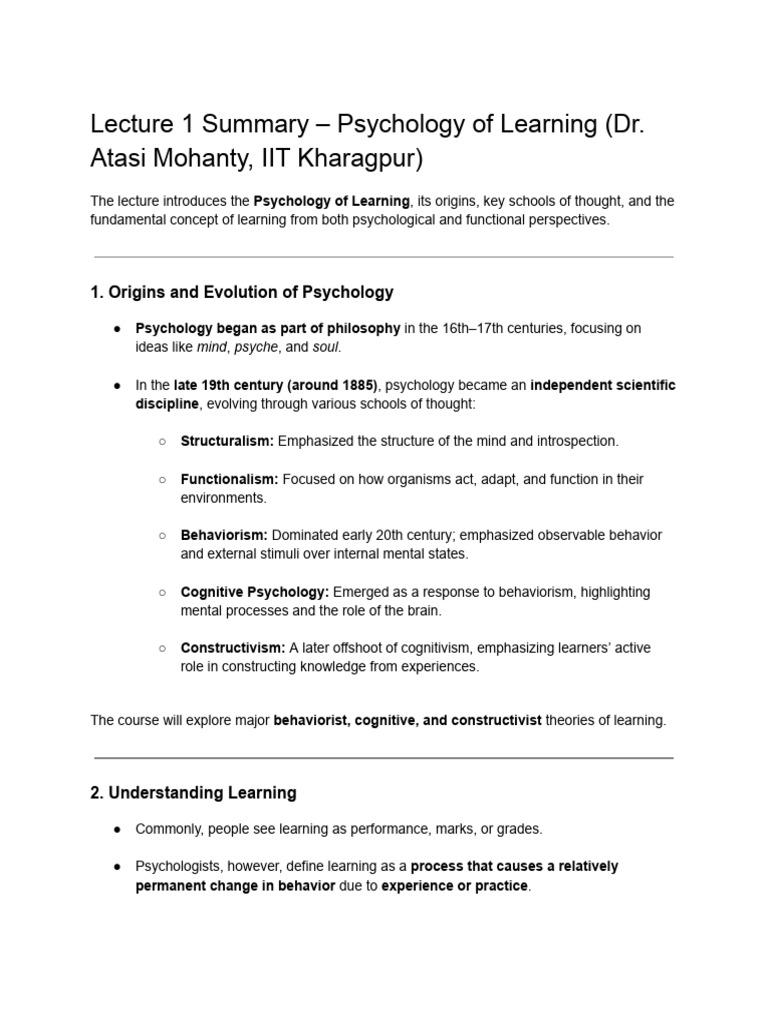 NPTEL Notes PSYCHOLOGY OF LEARNING | PDF | Learning | Motivation