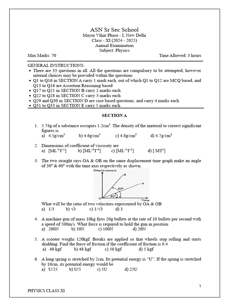 Class XI Annual Exam Physics Question Paper 31122024 | PDF | Velocity ...