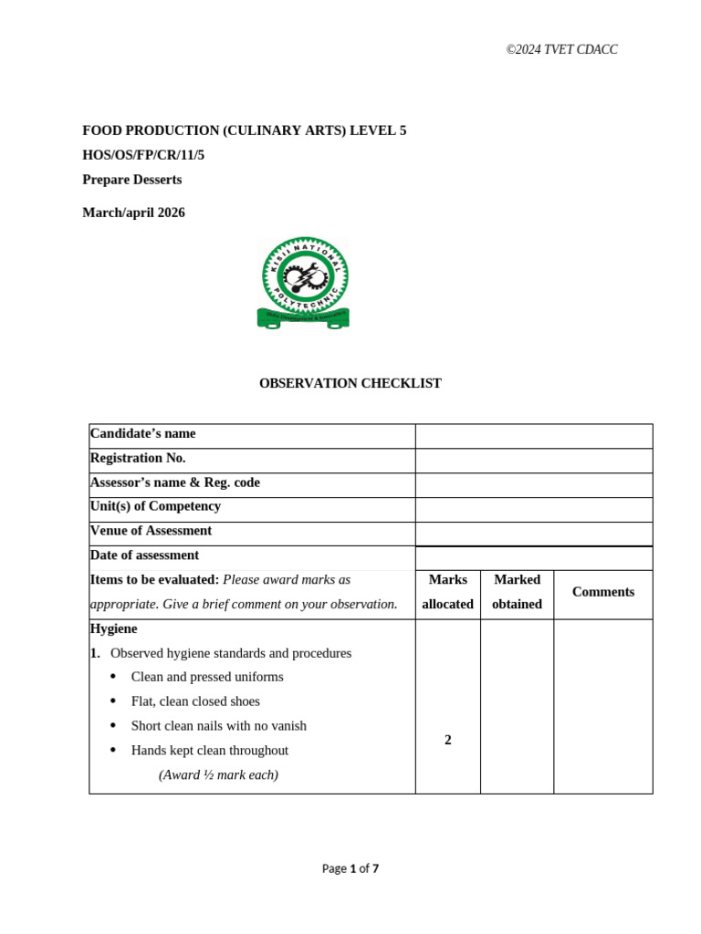 Observation Checklist-Prepare Desserts 3 | PDF | Custard | Cakes
