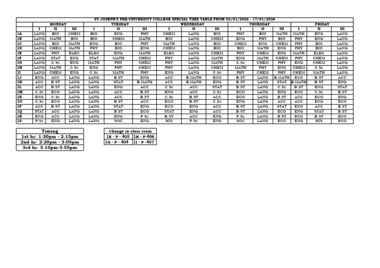 1st Pu Jan Time Table 2026 | PDF
