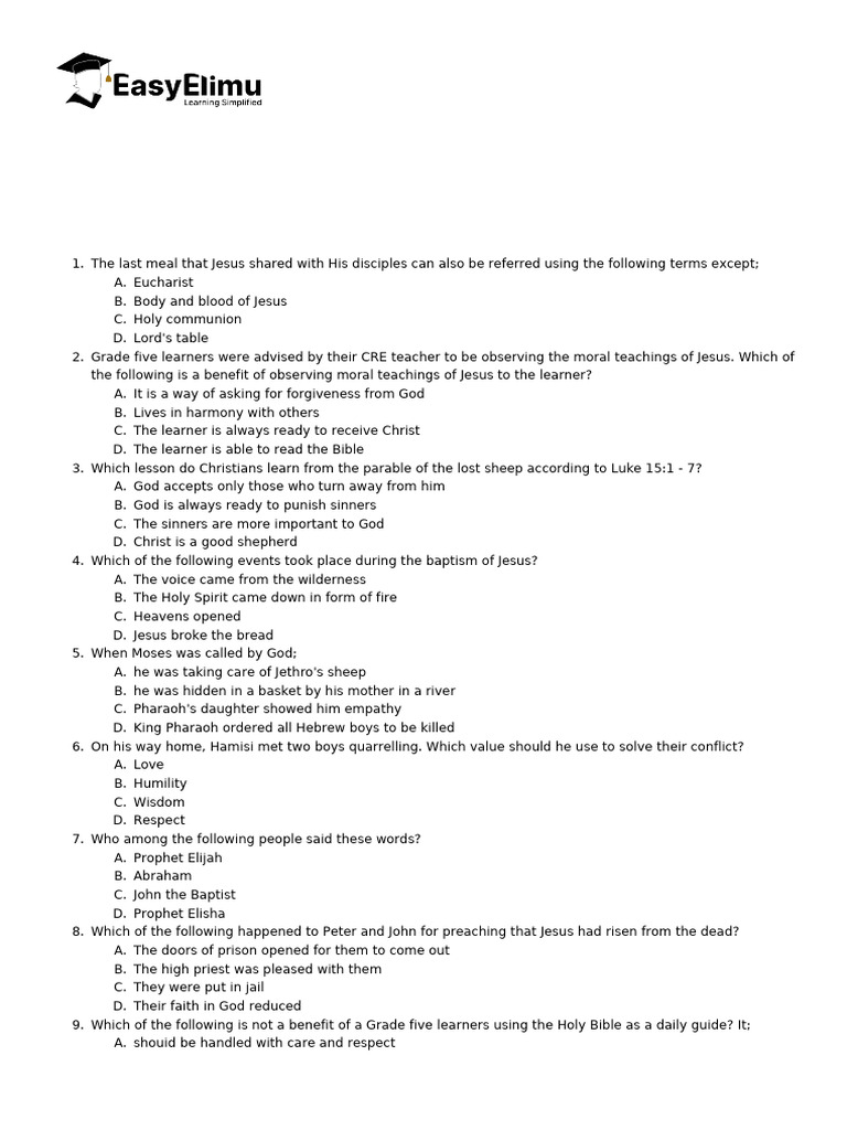 Christian Religious Education - Grade 5 Opener Exams Term 3 2025 Set 1 ...