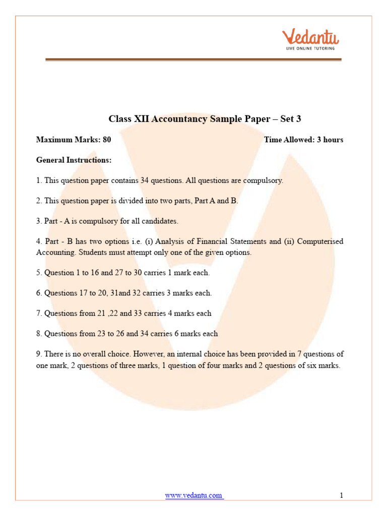 CBSE Class 12 Accountancy Sample Paper Set 3 (2024-25) FREE PDF | PDF ...