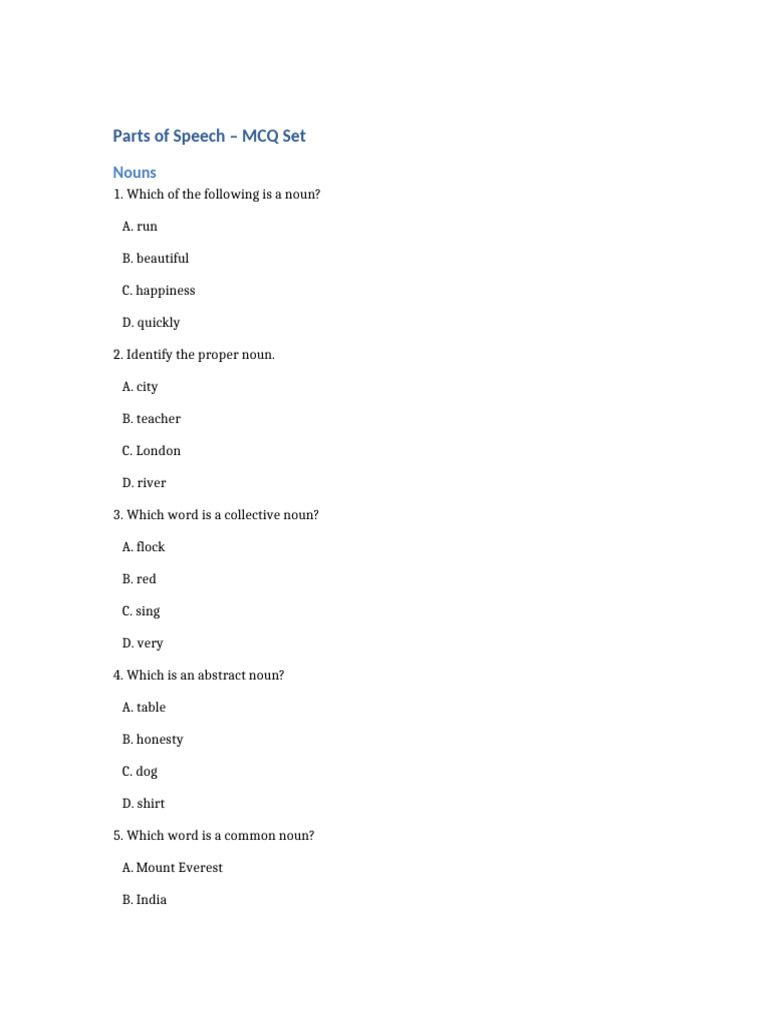 Parts of Speech MCQ Set 1 | PDF