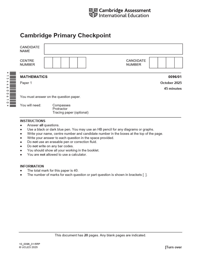 Cambridge primary paper 1 october 2025 math 0096/01 | PDF | Mathematics
