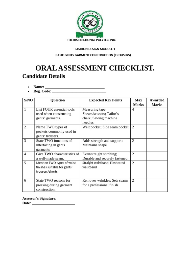 Oral Assessment Checklist Trouser | PDF
