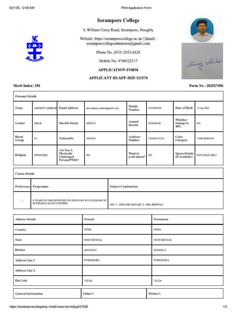 Serampore College Admission Proof | PDF