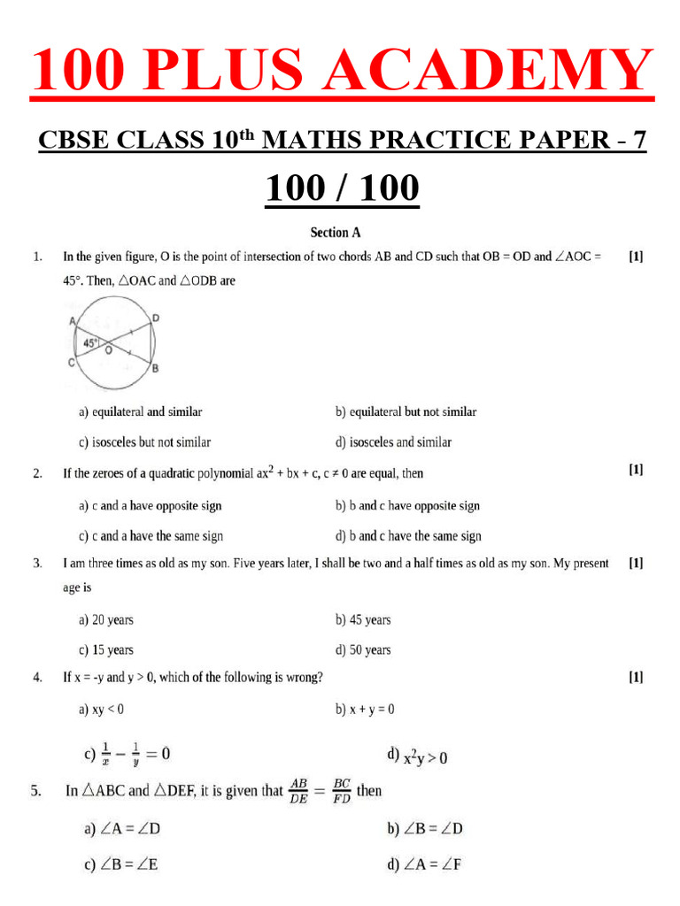 Cbse Class 10th Maths Practice Paper - 7docx | PDF