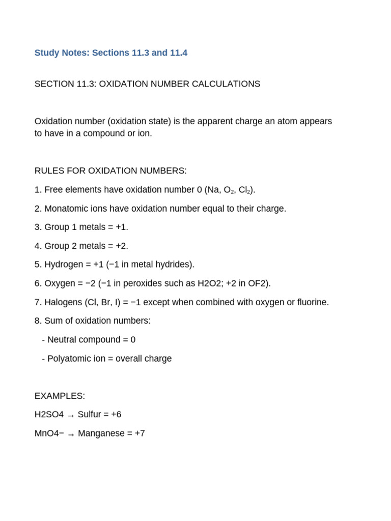 11.3 and 11.4 - Oxidation - Reduction - Complete - Notes - With ...